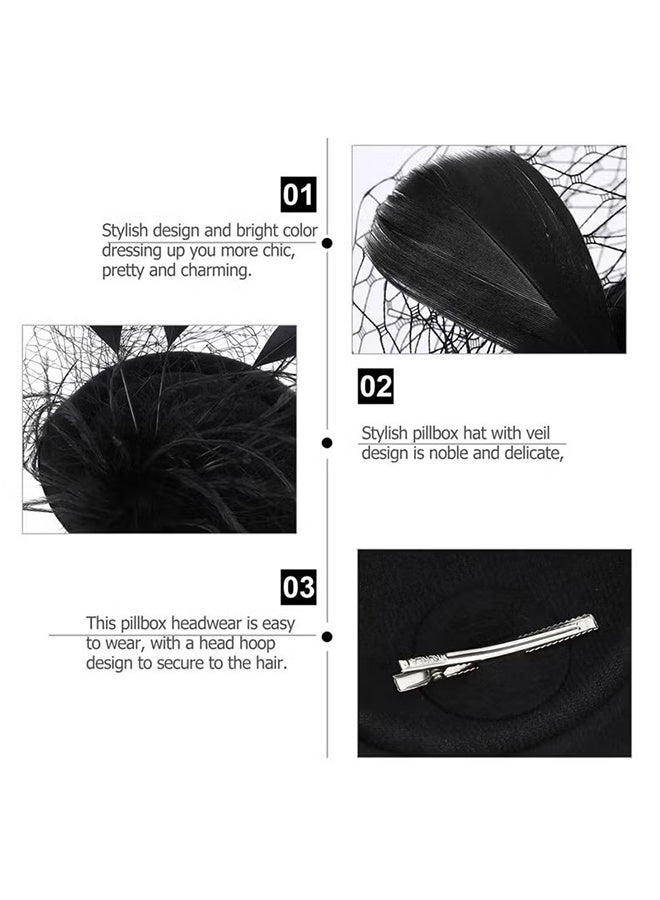 HY 20s 50s Hat, Mesh Ribbons Feathers on a Headband and a Clip Tea Party Headwear, Tea Party Headwear with Veil for Girls and Women (Black) - Image 4